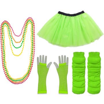 Womens 80s Neon Costume Accessory Set - Green Tutu & Fishnet Gloves