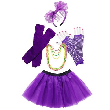 Purple tutu skirt 80s costume set with fishnet gloves and leg warmers