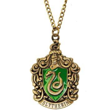 Wizarding School wizard house green & silver House crest necklace with gold finish and green enamel shield