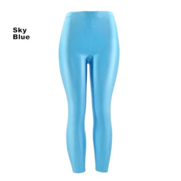 Sky blue metallic leggings with glossy finish and elastic waistband