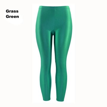 Grass green shiny metallic leggings with high-waisted elastic waistband, full-length footless design for 80s disco parties
