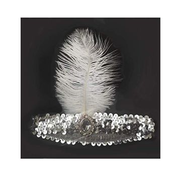 Adult 1920s Flapper Headband - Silver Sequin with White Feather & Crystal