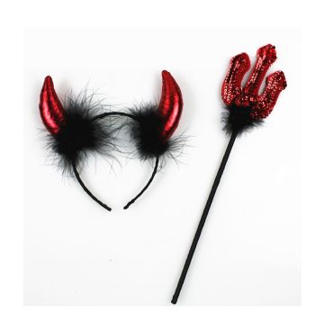 Adult Devil Horns Headband and Trident Set - Red Metallic Satan Costume Accessory