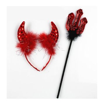 Adult Red Sequin Devil Horns and Pitchfork Accessory Set