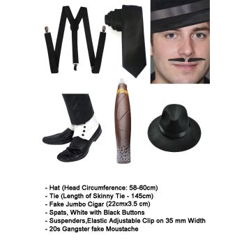 Adult 1920s Gangster Accessory Set - 6-Piece Fedora Tie Spats Suspenders Kit