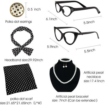 Womens 1950s Retro Accessory Set - Cat Eye Glasses Polka Dot Scarf Pearl Jewelry