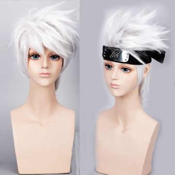 Adult Silver Spiky Anime Ninja Wig with Konoha Headband - Cosplay Accessory