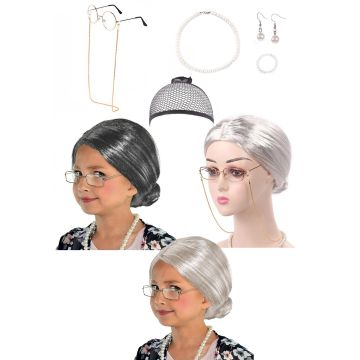 Granny Costume for Adults and Kids - Old Lady Wig Glasses Pearl Jewelry Set