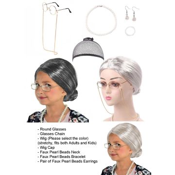 Granny Costume for Adults and Kids - Old Lady Wig Glasses Pearl Jewelry Set