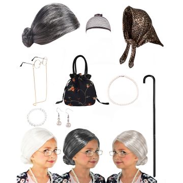 10-piece grandma costume accessory set with grey wig, pearl jewelry, walking stick and leopard scarf for 100 Days of School