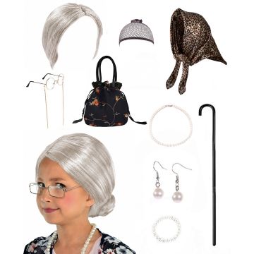 Kids and Adults 100 Days of School Grandma Costume Set - 10-Piece Old Lady Accessory Kit