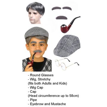 Kids and Adults 100 Days Old Man Costume Set - Grandpa Wig Hat Glasses Pipe