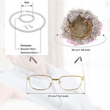 Kids Granny Costume Accessory Set - Gray Wig with Rollers, Glasses & Pearl Jewelry
