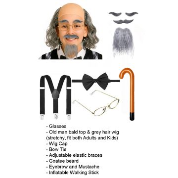 Kids and Adults Old Man Costume Set - Grandpa Wig with Bald Cap, Suspenders & Walking Stick