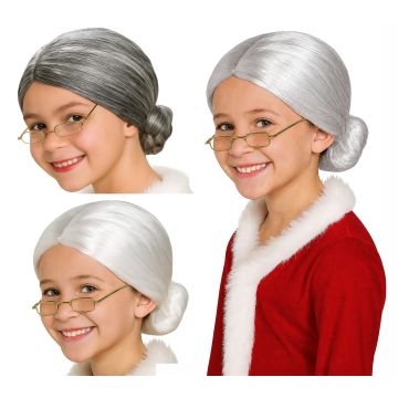 Grandma wig with low gray bun and center part on white background
