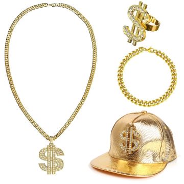 Adult Hip-Hop Rapper Costume Accessory Set with Gold Cap and Bling Chains