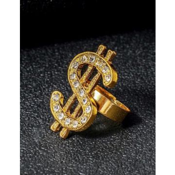 Adult Hip Hop Gold Bling Jewellery Set - Dollar Sign Necklace Bracelet Ring