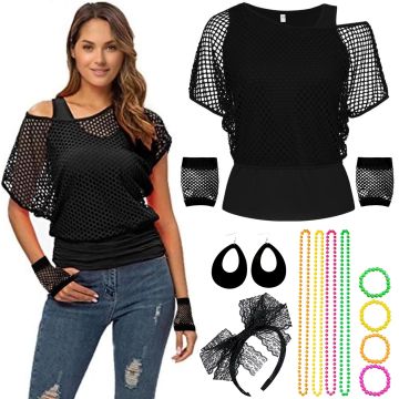 Womens 80s neon fishnet costume set with black mesh top and colourful beaded jewellery