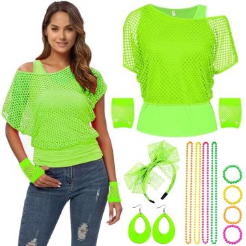 Ladies 80s Costume Green Top Headband Earring Necklace Gloves Earrings