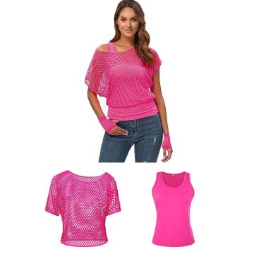 Women's 80s Neon Costume Set with Fishnet Top and Accessories