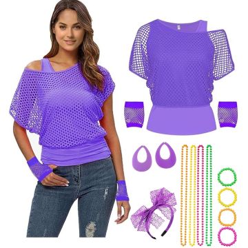 tt1218purple Ladies 80s Costume Purple Top Headband Earring Necklace Gloves Earrings