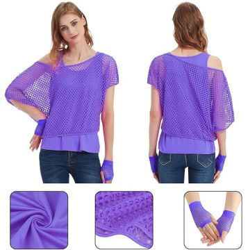 Women's 80s Costume Set - Purple Fishnet Top with Neon Accessories