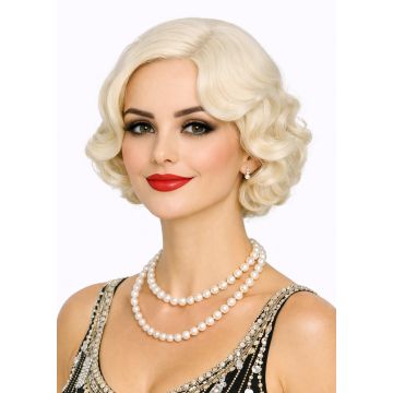 Platinum blonde vintage Hollywood wig with finger waves and pin curls, front view showing sculpted Marcel waves at crown