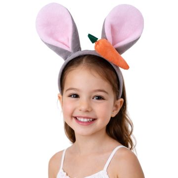 Kids grey bunny ears headband with pink inner ears and plush carrot detail