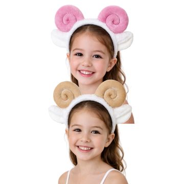 Kids sheep horn headband with spiral ram horns and plush ears in cream color