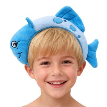 Kids blue fish headband with 3D plush construction and embroidered smile
