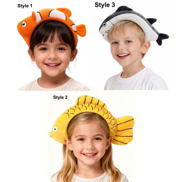 Kids 3D plush ocean fish headband with clownfish, tropical fish, and shark styles