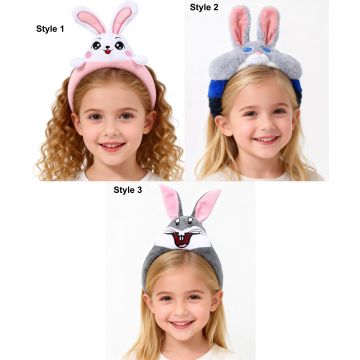 Kids kawaii white bunny headband with embroidered face and pom-pom hands