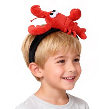 Kids red plush lobster headband with 3D claws and googly eyes on black headband base