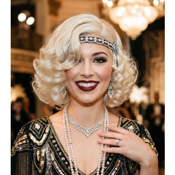 Platinum blonde 1920s flapper wig with finger wave styling and curled bob