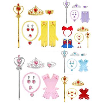 Kids Princess Accessory Set - 6pc Tiara Wand Gloves Jewellery Kit