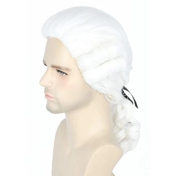 Adult White Colonial Barrister Wig with Rolled Curls and Ponytail