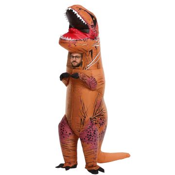 Adult inflatable T-Rex costume in orange-brown with white teeth and red mouth