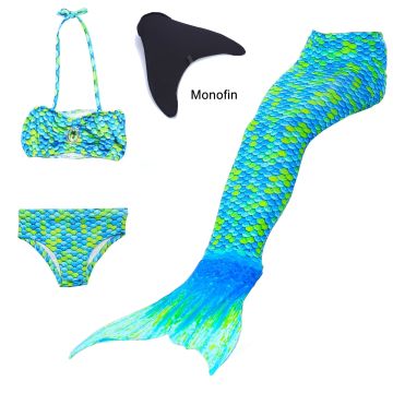 Kids swimmable mermaid tail costume with turquoise scale bikini and monofin