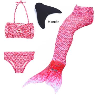 Girls pink scale mermaid tail costume with halter bikini and black monofin