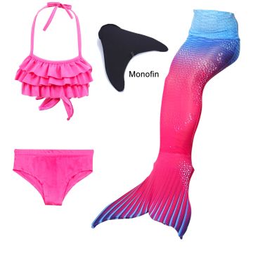 Girls Pink Mermaid Tail Swimsuit Set with Monofin - Swimmable 3-Piece
