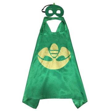Child wearing kelly green satin cape and reptile hero mask costume