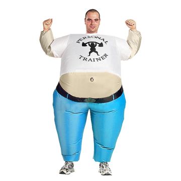 Adult Inflatable Personal Trainer Costume with Fan - Novelty Fitness Instructor Suit