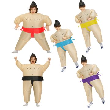 Kids childrens sumo wrestling suits inflatable costume with topknot hat and coloured belt