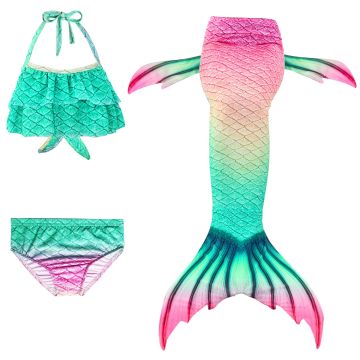 Girls mermaid swimsuit costume with gradient turquoise-to-pink tail and halter bikini top