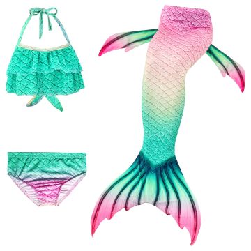 Girls Mermaid Swimsuit Costume with Swimmable Tail - 3-Piece Bikini Set
