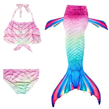 Girls pink ombré mermaid bikini with rainbow shimmer tail and black monofin