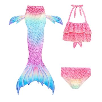 Girls pink-to-blue ombré mermaid swimsuit set with halter bikini and detachable tail