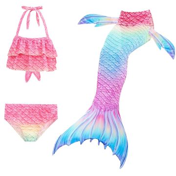 Girls Mermaid Swimsuit Set with Removable Tail and Monofin - 3-Piece
