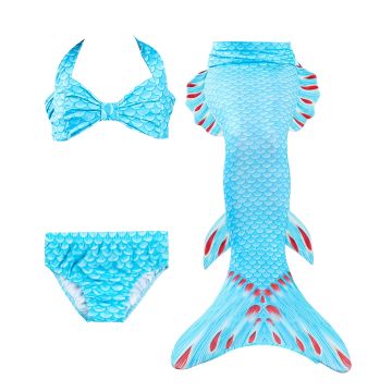 Girls turquoise mermaid tail swimsuit set with coral fin accents and monofin
