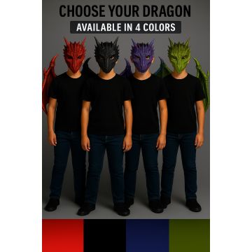 Kids dragon costume set with red foam mask, articulated wings and spiked tail on child model